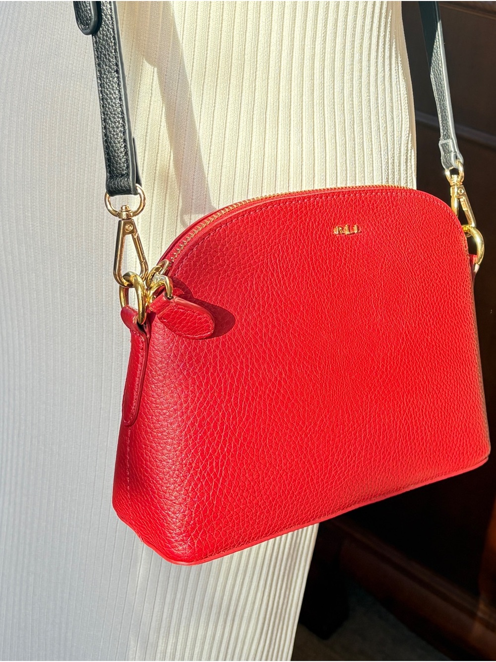 Red crossbody bag leather with gold hardware.
Lauren by Ralph Lauren